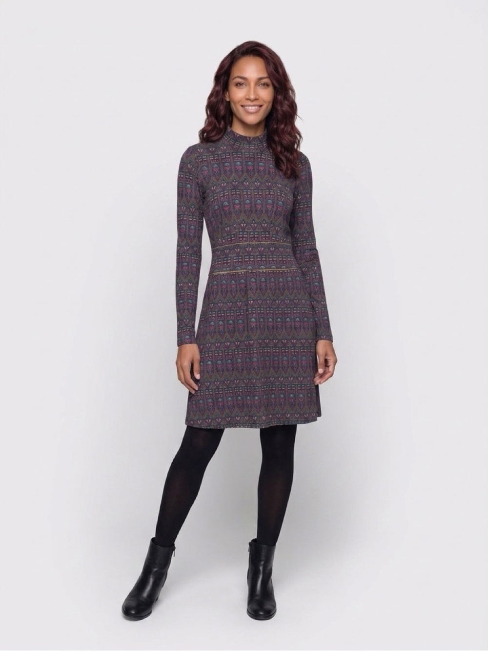 French Connection Purple Geo-Print Zip-Front Long Sleeve Dress
